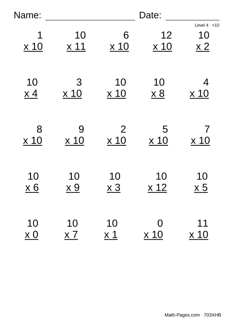 Sample page from 10 Times Table Worksheets