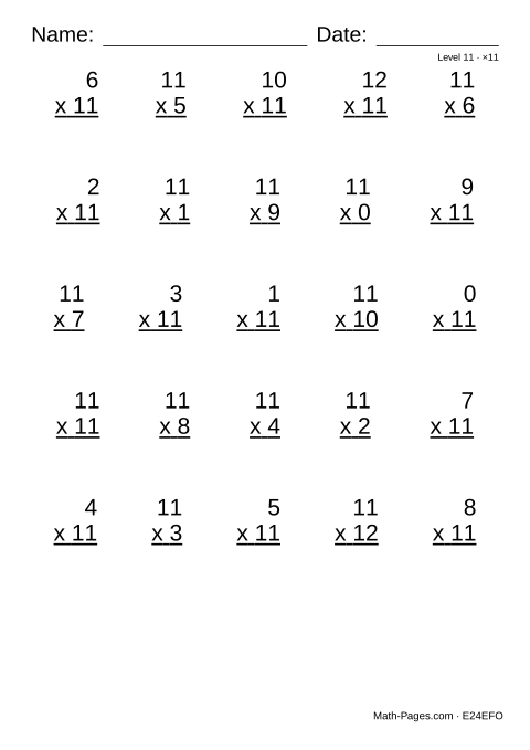 Sample page from 11 Times Table Worksheets