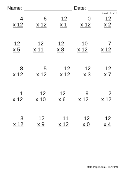 Sample page from 12 Times Table Worksheets