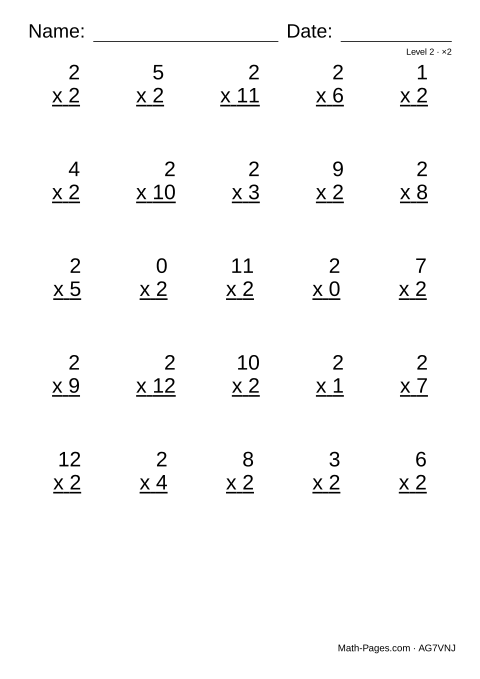 Sample page from 2 Times Table Worksheets