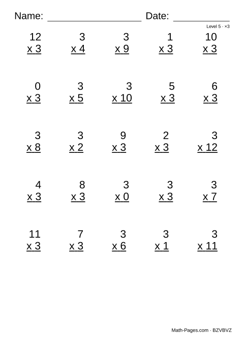 Sample page from 3 Times Table Worksheets