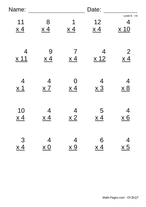 Sample page from 4 Times Table Worksheets