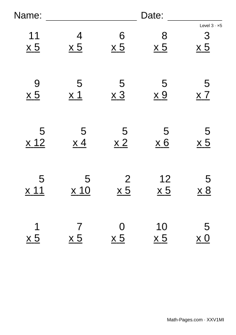 Sample page from 5 Times Table Worksheets