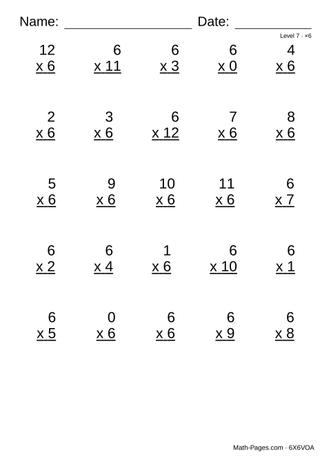 Sample page from 6 Times Table Worksheets