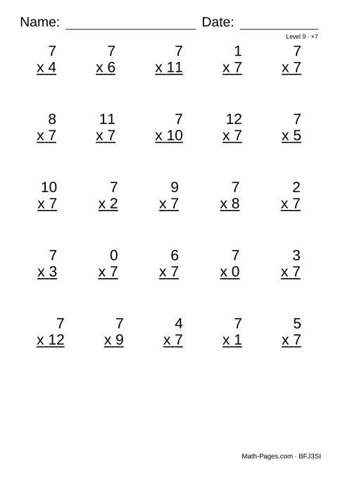 Sample page from 7 Times Table Worksheets