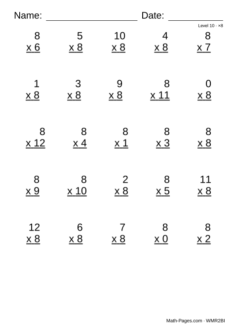 Sample page from 8 Times Table Worksheets