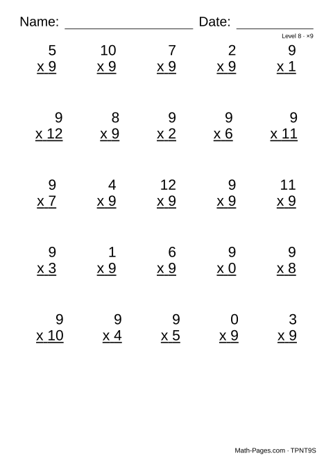 Sample page from 9 Times Table Worksheets