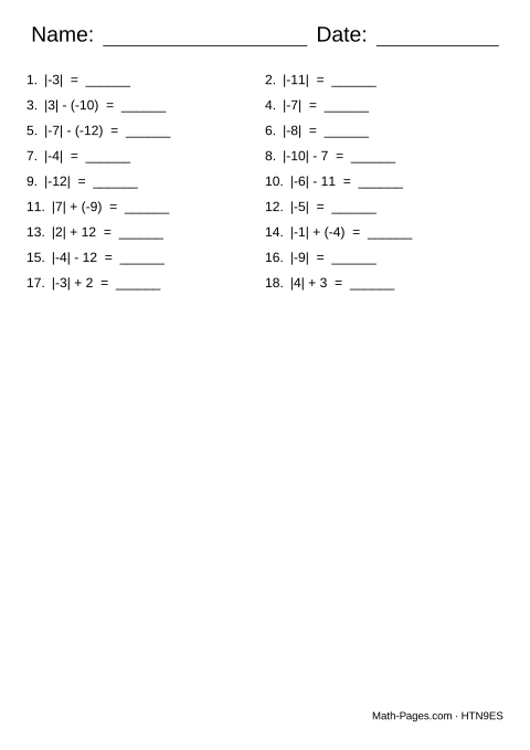 Sample page from Absolute Value Worksheets