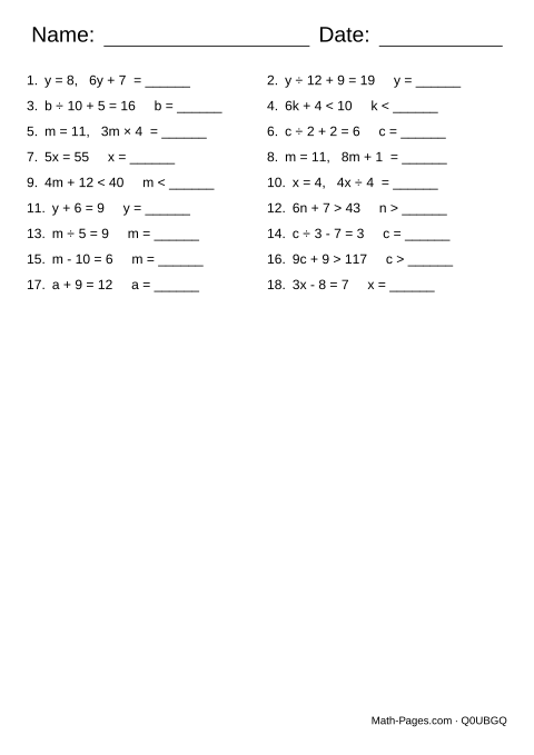 Sample page from Algebra Worksheets