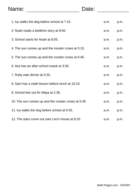 Sample page from A.M. and P.M. Worksheets