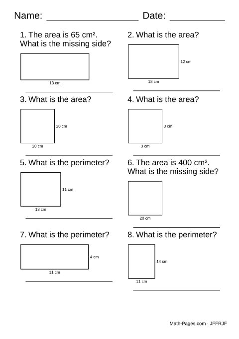 Sample page from Area and Perimeter Worksheets