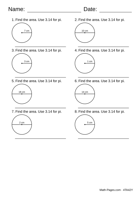 Sample page from Area of a Circle Worksheets