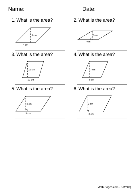 Sample page from Area of Parallelograms Worksheets