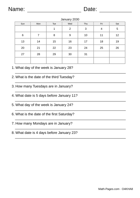Sample page from Calendar Worksheets