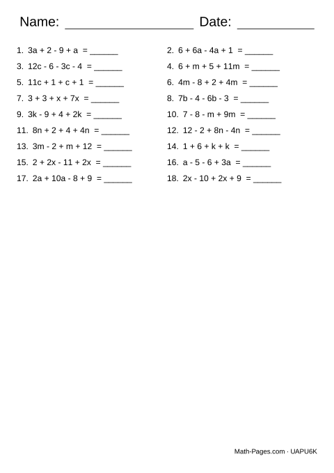 Sample page from Combining Like Terms Worksheets