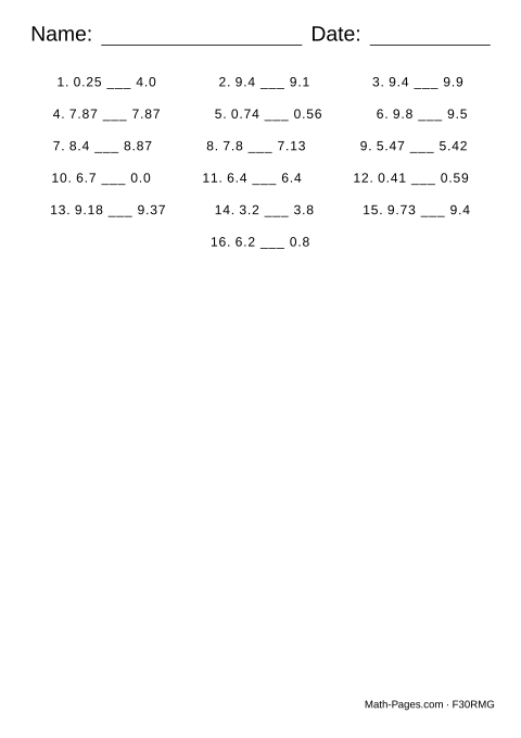 Sample page from Comparing Decimals Worksheets