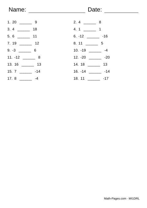 Sample page from Comparing Integers
