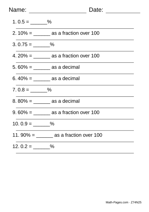 Sample page from Converting Fractions, Decimals and Percents