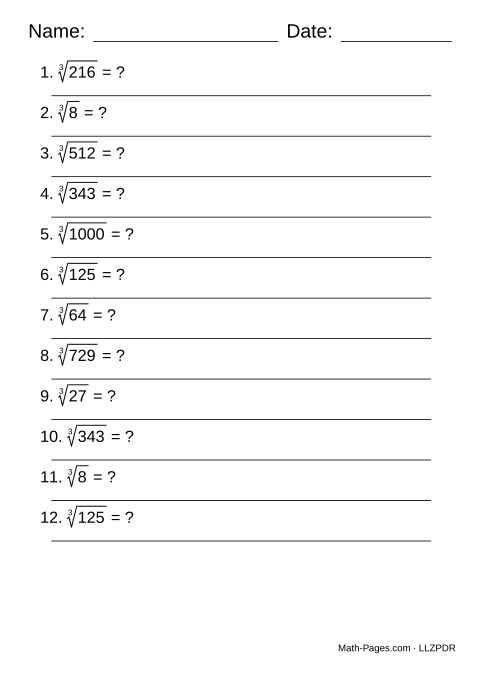Sample page from Cube Roots Worksheets
