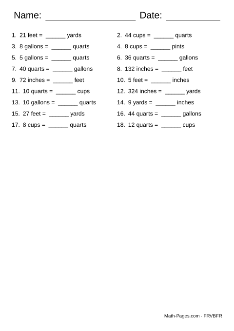 Sample page from Customary Unit Conversion Worksheets