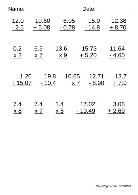 Sample page from Decimal Worksheets