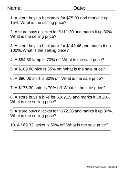Sample page from Discount and Markup Worksheets