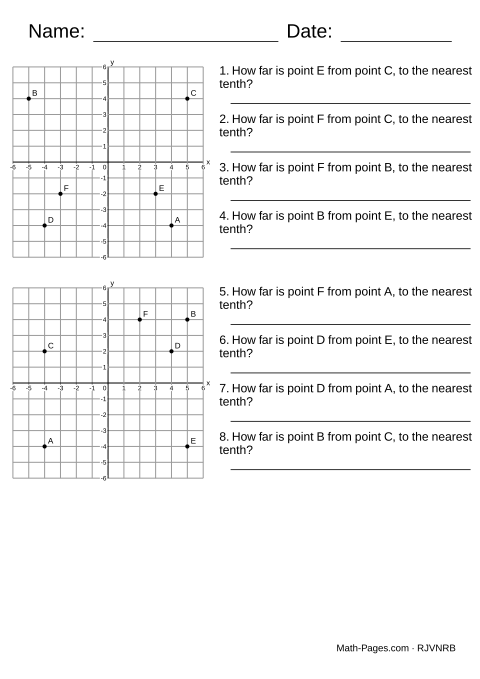Sample page from Distance Between Two Points Worksheets