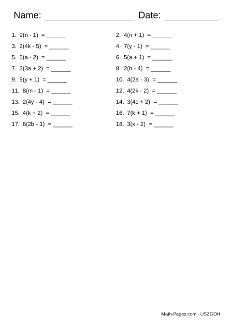 Sample page from Distributive Property Worksheets