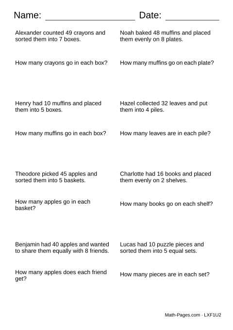Sample page from Division Word Problem Worksheets