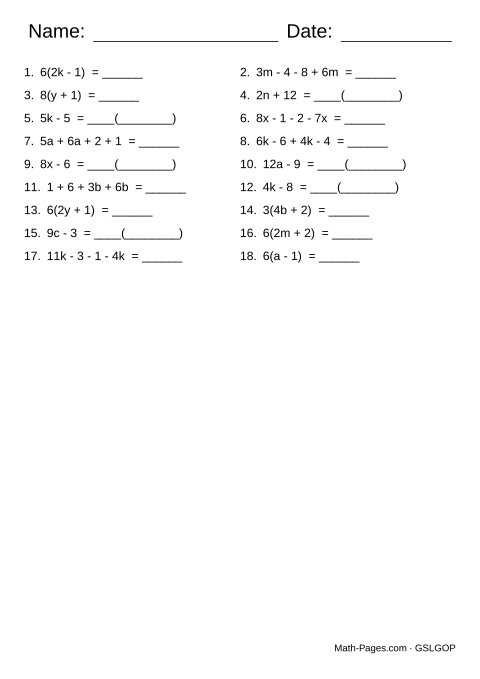 Sample page from Equivalent Expressions Worksheets