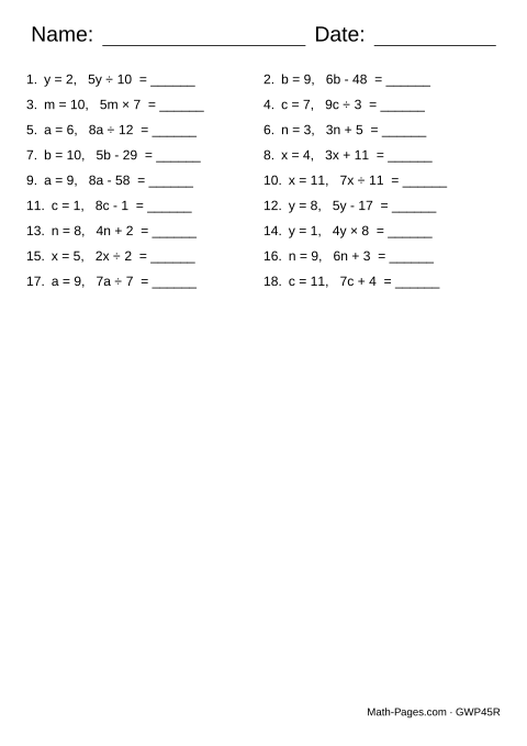 Sample page from Evaluating Expressions Worksheets
