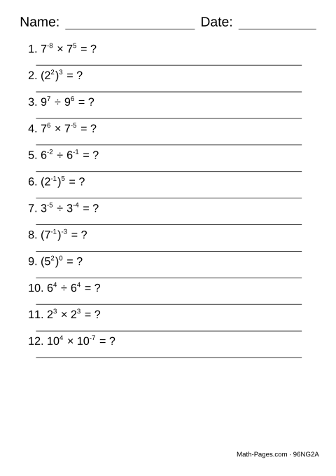 Sample page from Exponent Rules Worksheets