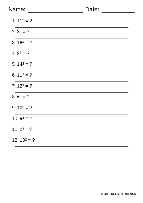 Sample page from Exponents Worksheets