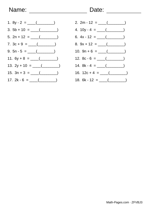 Sample page from Factoring Expressions Worksheets