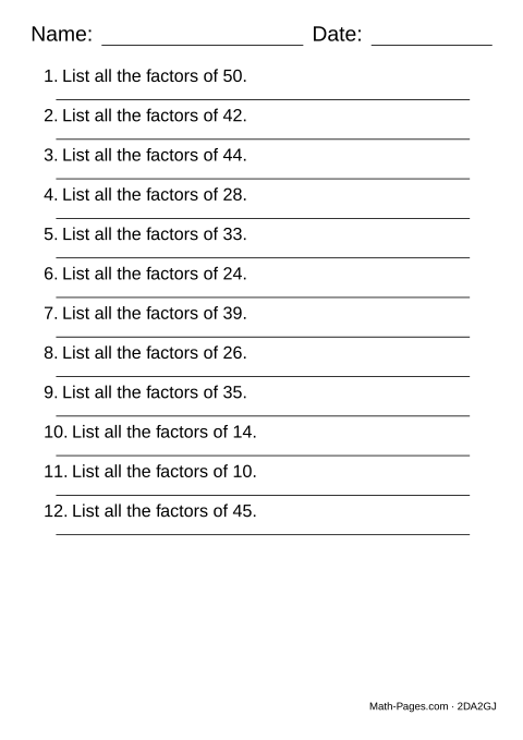 Sample page from Factors Worksheets