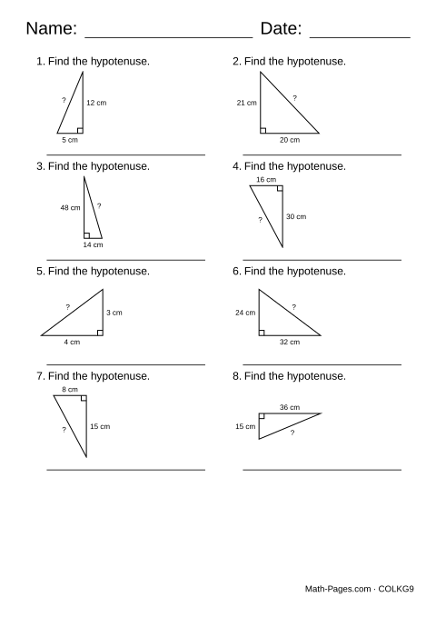 Sample page from Finding the Hypotenuse Worksheets