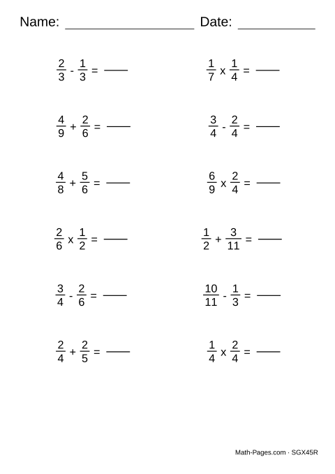 Sample page from Fraction Worksheets