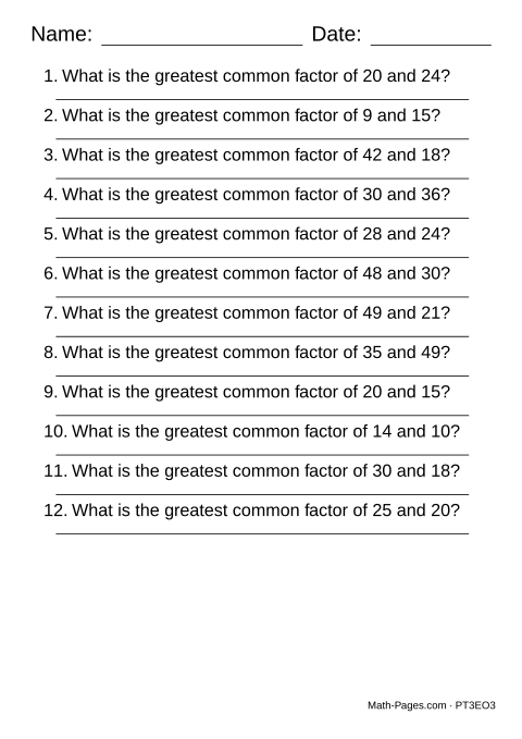 Sample page from Greatest Common Factor Worksheets
