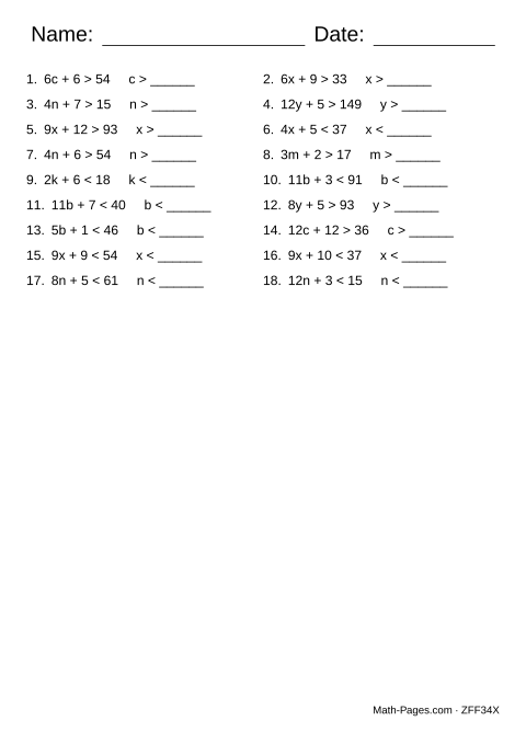 Sample page from Inequalities Worksheets