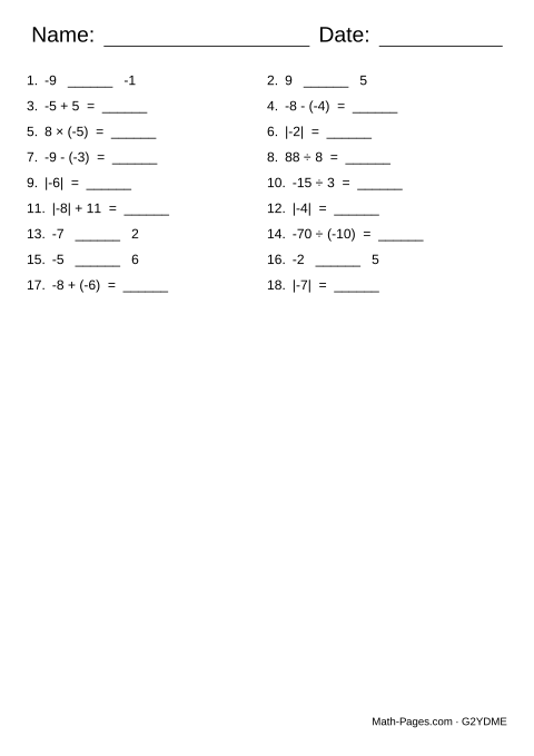 Sample page from Integer Worksheets