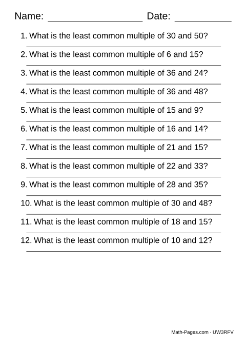 Sample page from Least Common Multiple Worksheets