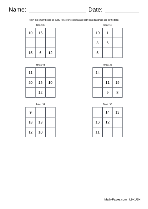 Sample page from Magic Square Worksheets