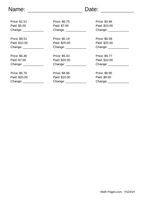 Sample page from Making Change Worksheets