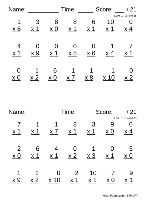 Sample page from Math Fact Fluency Levels