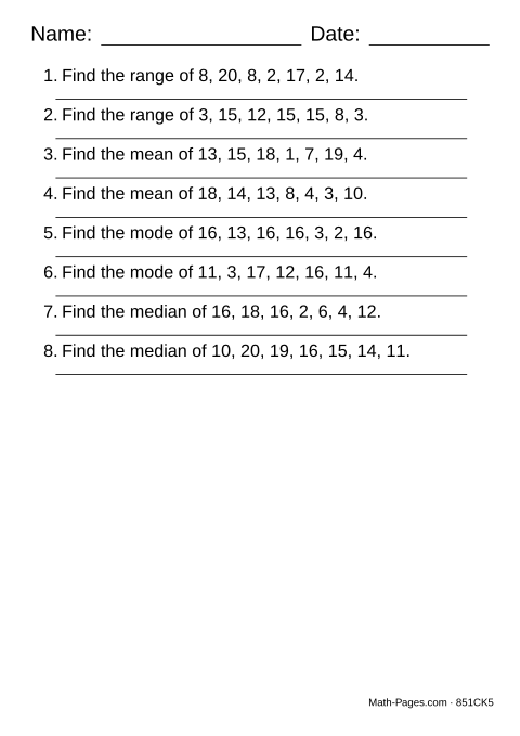 Sample page from Mean, Median, Mode and Range Worksheets