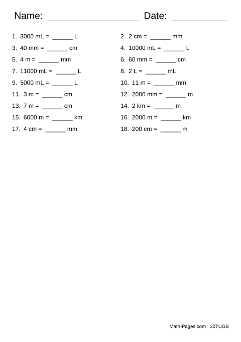 Sample page from Metric Conversion Worksheets