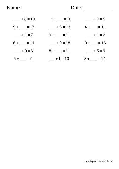 Sample page from Missing Addend Worksheets