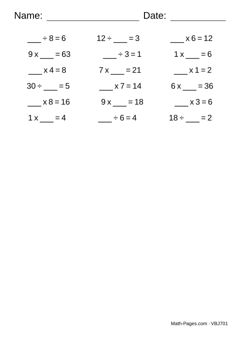 Sample page from Missing Number Multiplication and Division