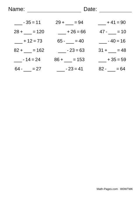 Sample page from Missing Number Worksheets