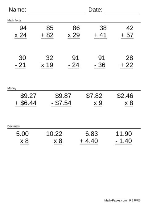 Sample page from Mixed Math Review Worksheets
